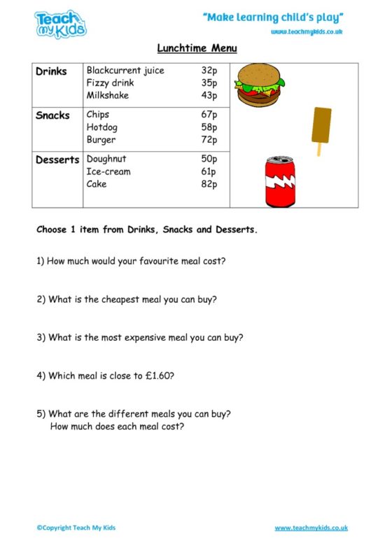 Worksheets for kids - lunchtime-menu